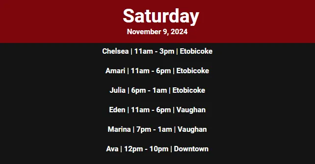 Escorts Toronto, Ontario 💥Saturday @ Secret Escorts🌟ETO: CHELSEA🍒AMARI🍒JULIA🍒🌟VGN: EDEN🍒MARINA🍒🌟DT: AVA🍒